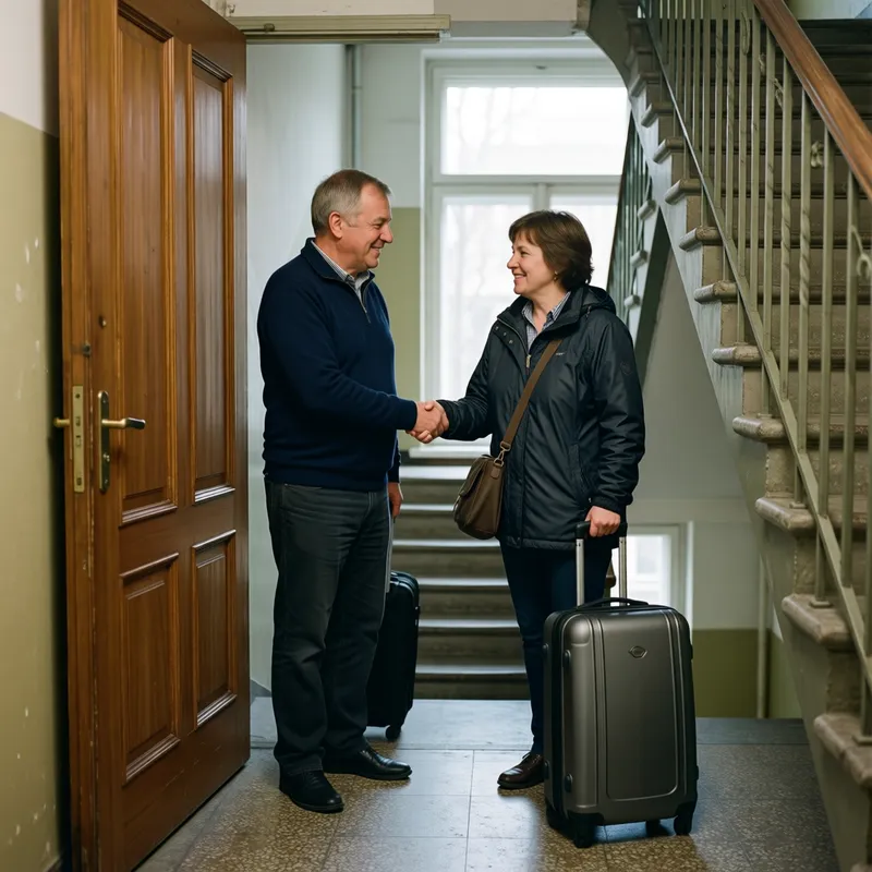 Ein Mann begrüßt an der Wohnungstür eine Betreuerin, die mit ihrem Koffer angekommen ist.