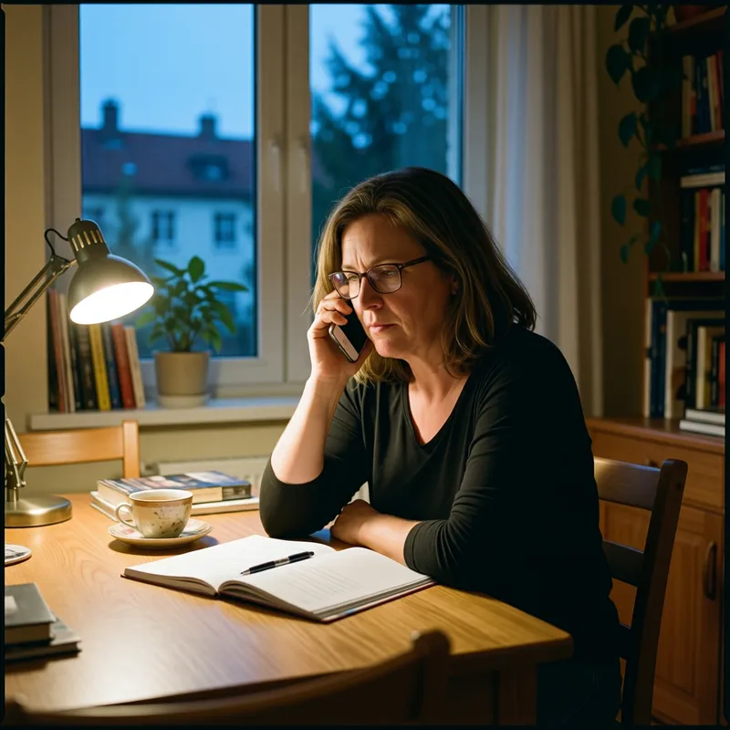 Eine Frau sitzt abends am Esstisch, telefoniert und macht sich Notizen.