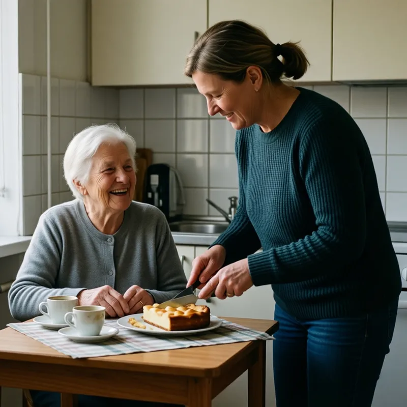 Eine ältere Frau sitzt lachend am Küchentisch, neben ihr schneidet eine Betreuerin einen Apfelkuchen.