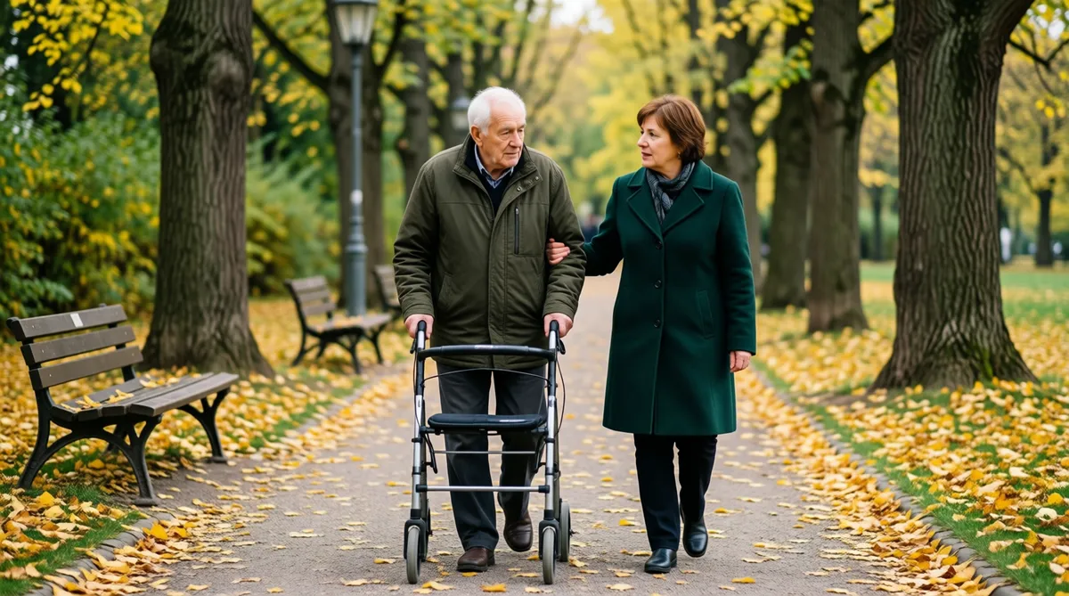 Ein alter Mann geht mit Rollator durch einen herbstlichen Park, eine Begleiterin geht im Gespräch neben ihm.